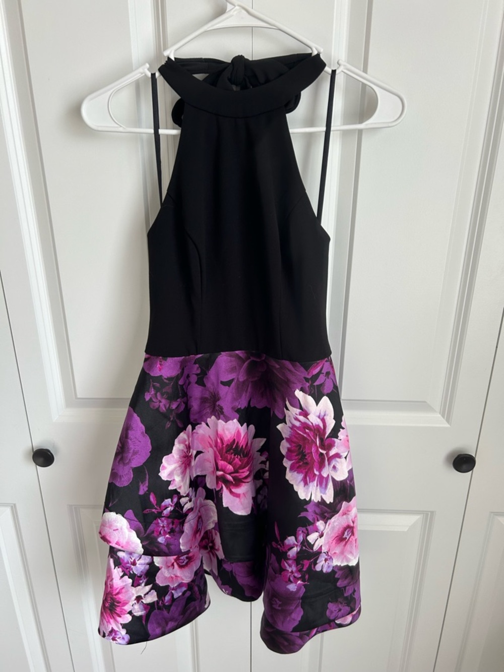 B. Darlin Black Halter Floral Fit-and-Flare Dress with Purple & Pink Blooms